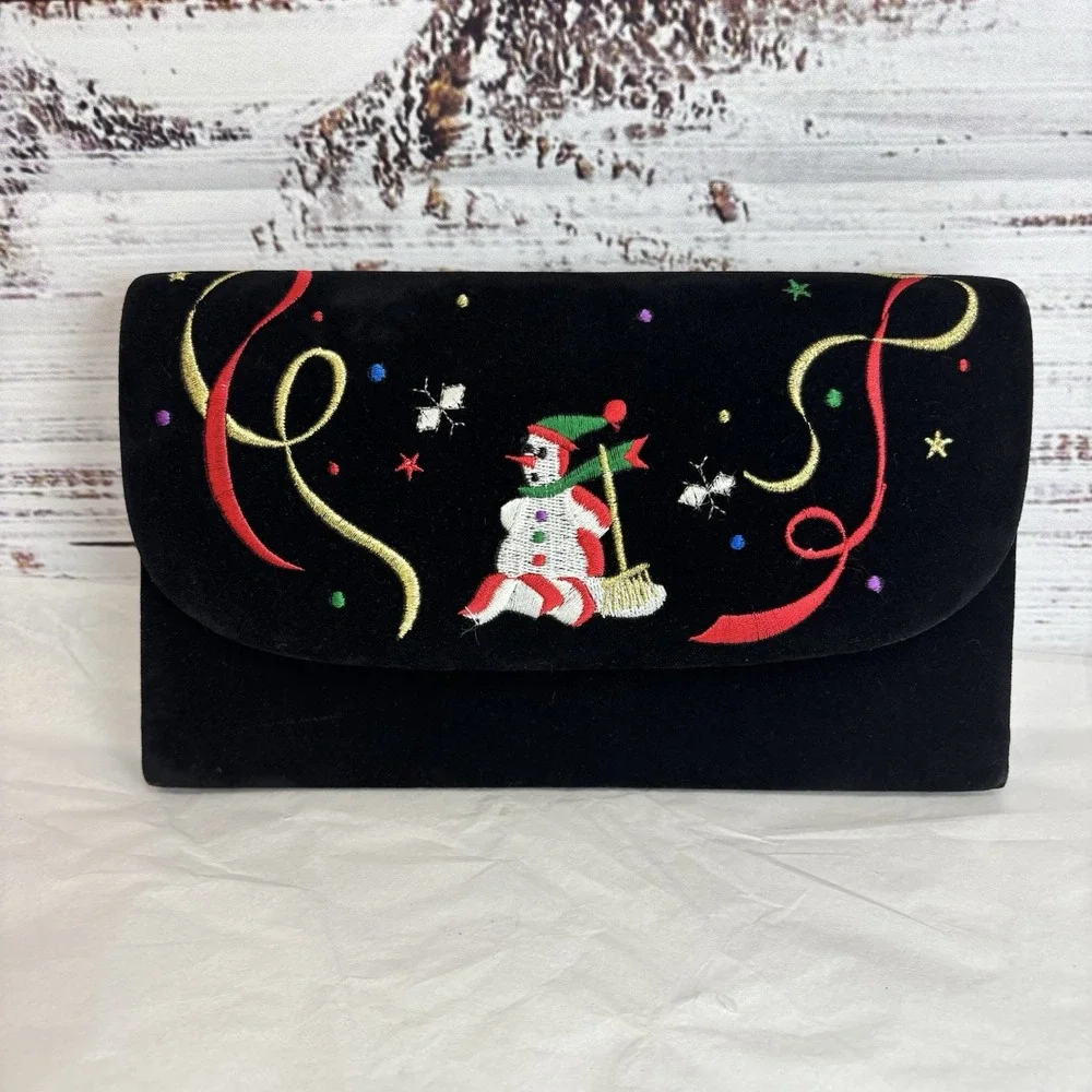 Vintage Velvet Christmas Clutch Purse Bag Black Snowman‎ Party Festive Gift